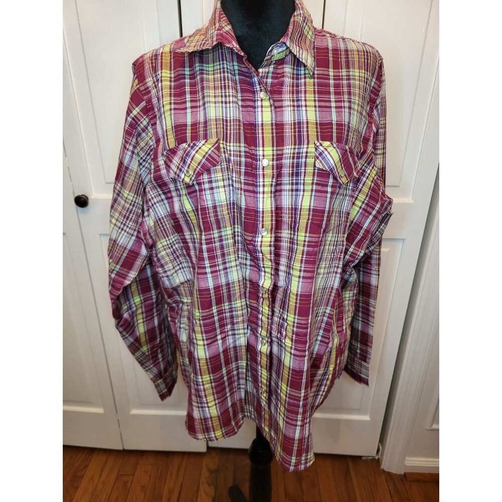 Wrangler Rancher Cotton Plaid Button Up Shirt Snap Buttons Pockets XXL Western